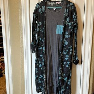 LulaRoe Sarah cardigan and Carly dress